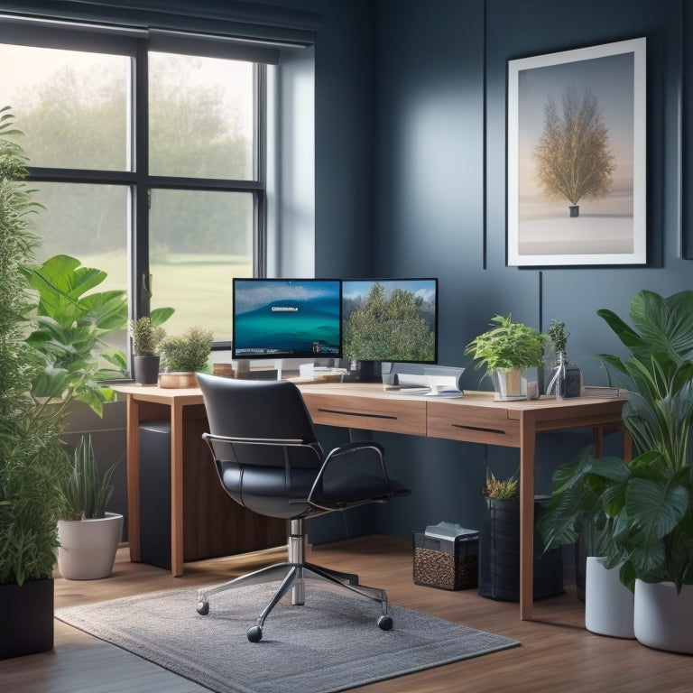 A modern home office with a sleek desk, ergonomic chair, and a large monitor displaying a calendar and task list, surrounded by minimalist decorations and a few potted plants.