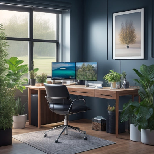A modern home office with a sleek desk, ergonomic chair, and a large monitor displaying a calendar and task list, surrounded by minimalist decorations and a few potted plants.