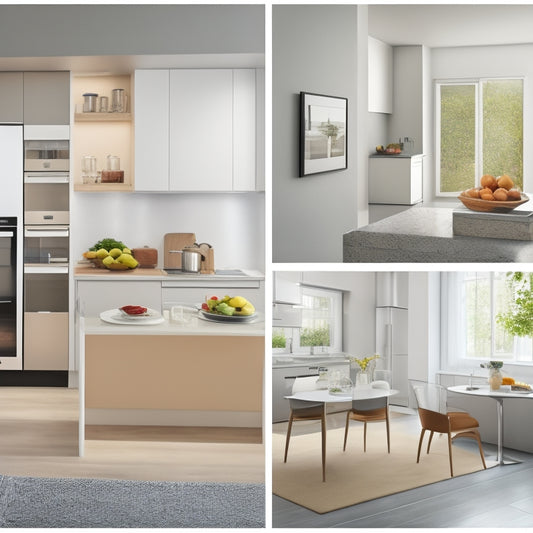 A modern, sleek kitchen with a wall-mounted foldable kitchen table, a compact refrigerator with see-through doors, and a microwave oven installed above a compact, slide-out cooktop.