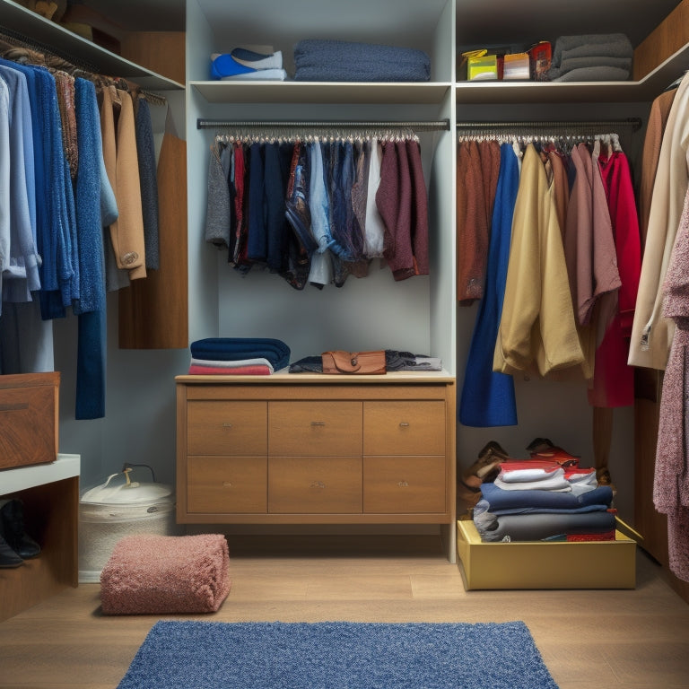 A cluttered closet with clothes scattered on the floor and shelves, contrasted with a digitally organized closet on a tablet, with virtual shelves and neatly arranged garments, both with a subtle background of a modern home.