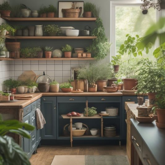 A tidy kitchen with a spotless island, a few carefully arranged cookbooks on a wooden shelf, and a utensil organizer on the wall, surrounded by a few strategically placed potted plants.