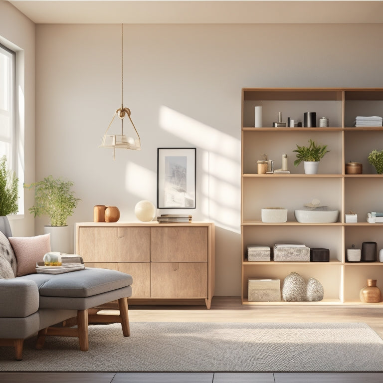 A serene, minimalist living room with a sleek, wall-mounted shelving unit, neatly arranged storage bins, and a few, carefully placed decorative pieces, bathed in warm, natural light.