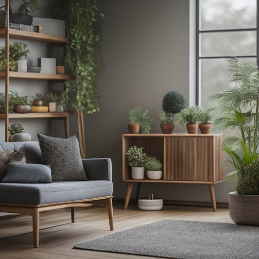 A serene, well-lit living room with a minimalist aesthetic, featuring a sleek, wooden shelving unit, neatly arranged decorative objects, and a few, carefully placed, potted plants.