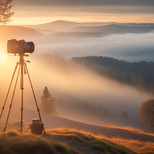 A serene misty dawn landscape with a lone photographer crouched behind a tripod-mounted camera, capturing the warm golden light illuminating the rolling hills and foggy forest.