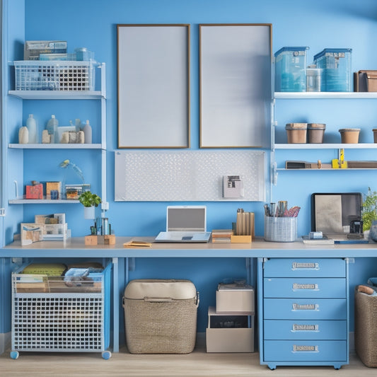 A tidy, well-organized workspace with a desk, shelves, and storage bins, featuring a few carefully placed decluttering tools like a label maker and a sorting tray, surrounded by a subtle background of calming colors.