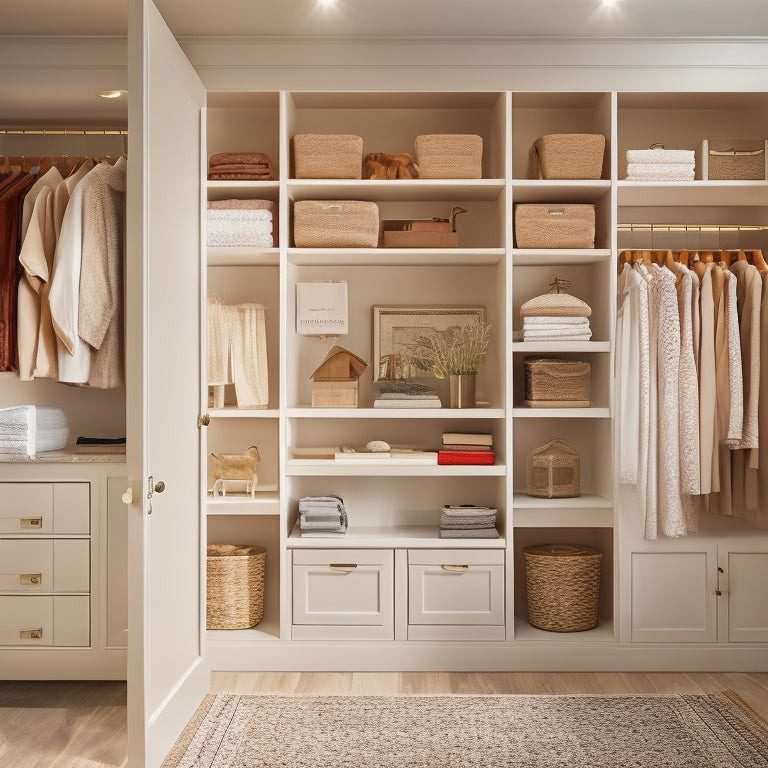 A serene and organized closet interior with sleek, floor-to-ceiling storage units in a warm wood tone, adorned with soft, creamy lighting and a few tasteful accessories.