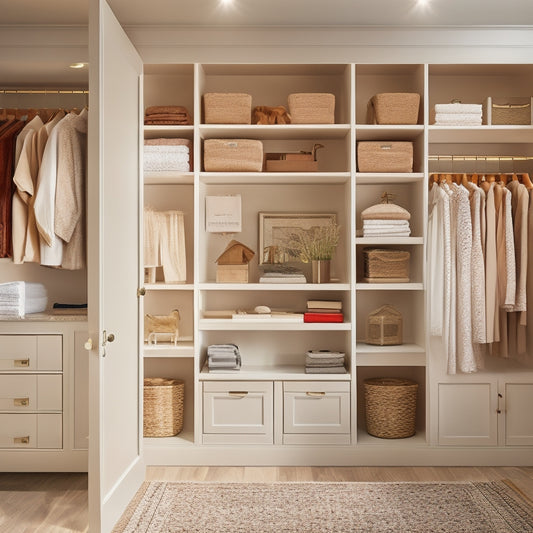 A serene and organized closet interior with sleek, floor-to-ceiling storage units in a warm wood tone, adorned with soft, creamy lighting and a few tasteful accessories.