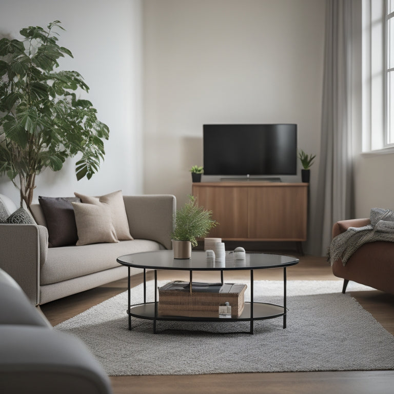 A tidy, minimalist living room with a sleek, low-profile storage unit, a few carefully placed decorative items, and a single, potted plant on a clutter-free coffee table.