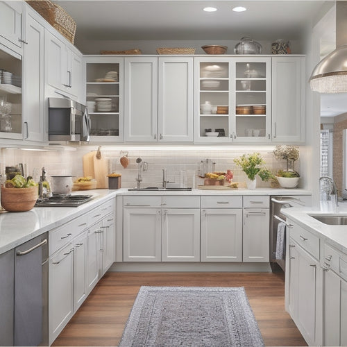 A cramped, galley-style kitchen with sleek, white cabinets and stainless steel appliances, cluttered with utensils and cookware, contrasted with a tidy, organized version featuring retractable shelves and a compact island.