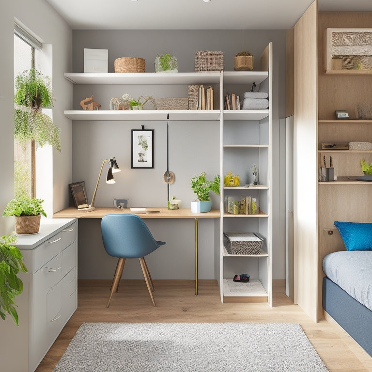 A clutter-free studio apartment with a murphy bed, a compact desk with a built-in shelving unit, and a pegboard with hanging baskets and hooks, surrounded by minimal decor and plenty of natural light.