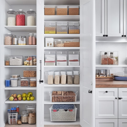 A bright, organized pantry with sleek white shelves, stainless steel baskets, and a pegboard on the back of the door, showcasing a variety of compact storage containers and clever arrangements.