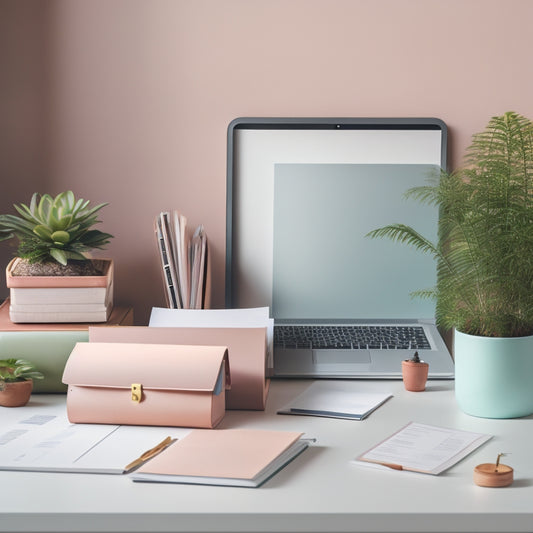 A tidy, minimalist desk with a laptop, a few organized papers, and a small potted plant, surrounded by a subtle background of pastel-colored folders and a few neatly labeled binders.