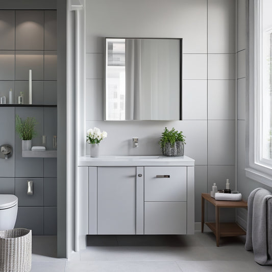 A sleek, modern bathroom with a wall-mounted cabinet featuring sliding mirrors, a recessed medicine cabinet, and a pedestal sink with a built-in storage drawer, surrounded by calming gray and white tones.