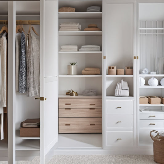 A serene, clutter-free closet with a mix of open shelving and closed cabinets in a calming white and wood tone color scheme, adorned with a few stylish, minimalist accessories.