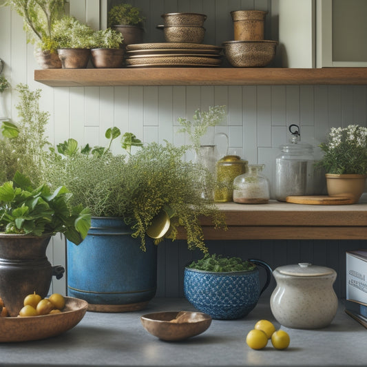 A serene kitchen counter with three drawers of varying sizes, each with ornate metal handles, surrounded by neatly arranged cookbooks, a small potted herb plant, and a few decorative ceramic vases.