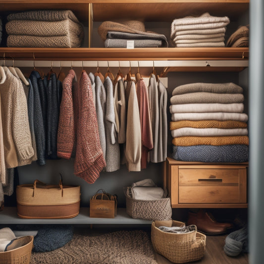 A cluttered closet with sweaters piled haphazardly, followed by the same closet transformed with stacked wooden crates, woven baskets, and hanging organizers, showcasing a serene and organized space.