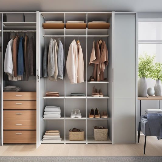 A trendy, minimalist closet with a mix of open shelves, drawers, and hanging rods, featuring a rotating shoe rack, a hanging organizer with pockets, and a floor-to-ceiling storage unit with sliding doors.