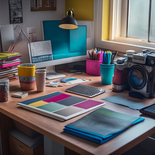 A colorful, cluttered desk with scattered sheets of paper, pens, and a laptop, transformed into a tidy workspace with a sheet organizer, surrounded by calm, blurred background.
