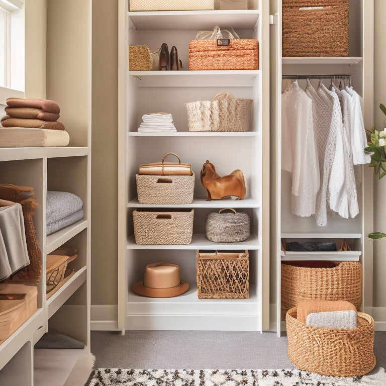 A clutter-free, serene small closet with sleek shelves, drawers, and rods, featuring a mix of open and closed storage, and a few stylish accessories like a woven basket and a geometric-patterned rug.