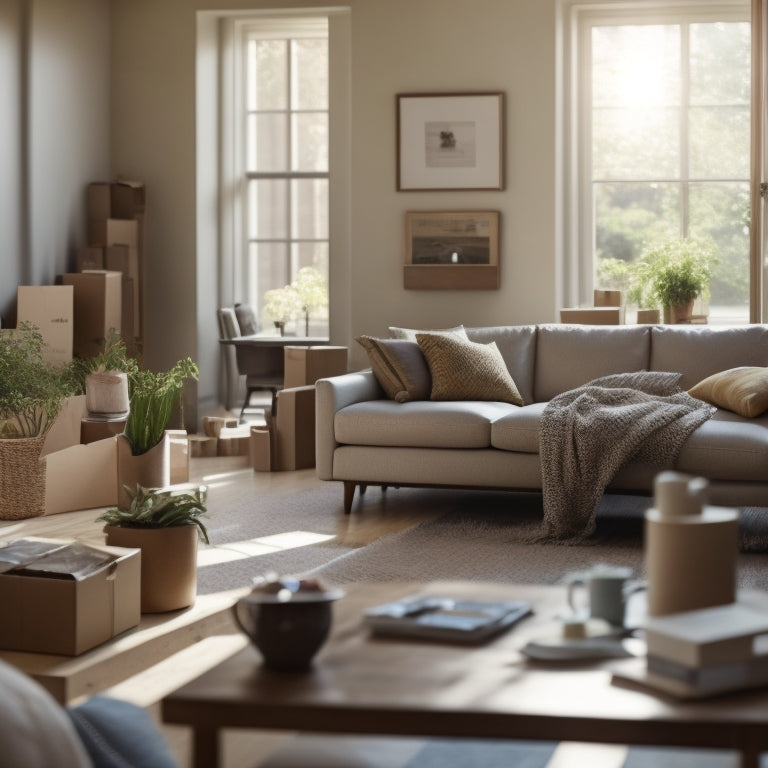 A serene, decluttered living room with a laptop open on a coffee table, surrounded by organized boxes and a few stray packing papers, amidst a calm, natural light-filled atmosphere.
