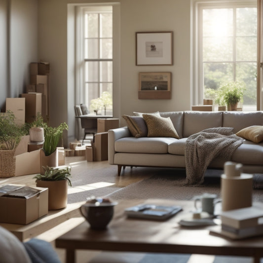 A serene, decluttered living room with a laptop open on a coffee table, surrounded by organized boxes and a few stray packing papers, amidst a calm, natural light-filled atmosphere.