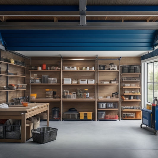 A clutter-free garage with a slanted roof, featuring three-tiered shelving units with wooden planks and metal frames, holding various storage bins, tools, and equipment, surrounded by a well-organized workspace.