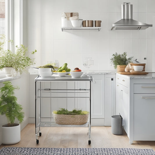 A clutter-free, modern kitchen with a sleek, silver folding table kitchen cart, adorned with a few utensils and a small potted plant, nestled snugly against a crisp, white wall.