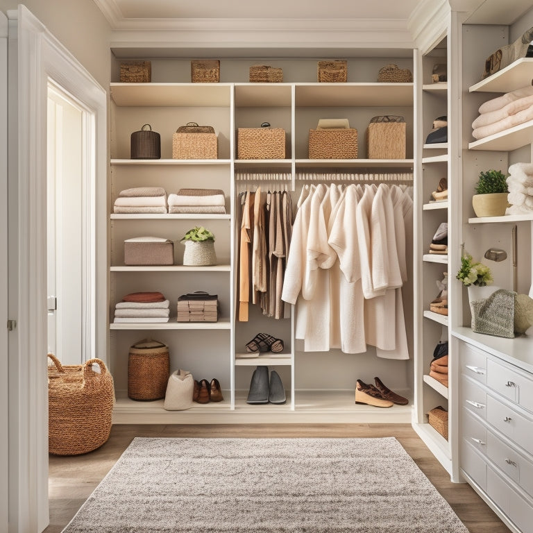 A serene, well-lit walk-in closet with creamy white walls, dark wood shelving, and a plush area rug, showcasing a mix of hanging rods, shelves, and drawers, with a few stylish garments and accessories.