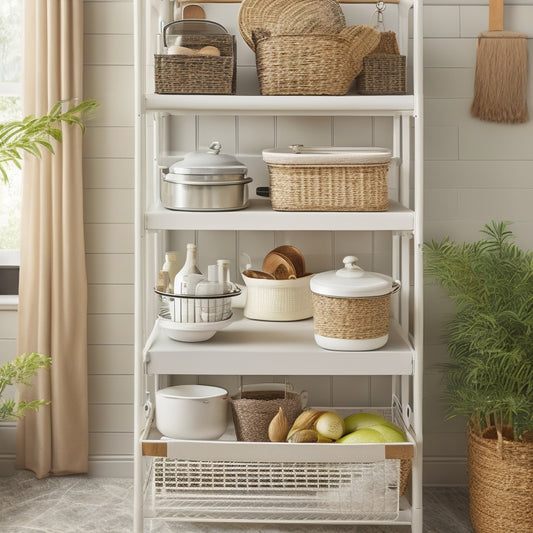 A clutter-free kitchen cart with open shelves, adorned with woven baskets, ceramic utensil holders, and a tiered spice rack, set against a soft, creamy background.