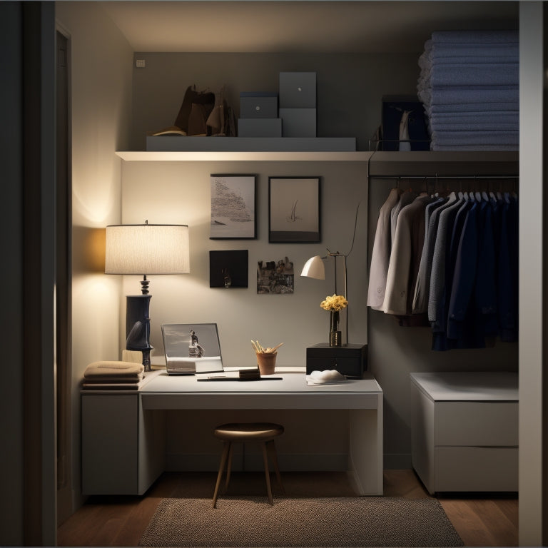 A dimly lit closet transforms into a bright, organized space with an iPad on a sleek, minimalist desk, surrounded by design inspiration boards, swatches, and 3D closet renderings.