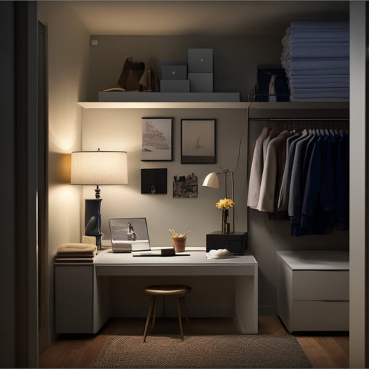 A dimly lit closet transforms into a bright, organized space with an iPad on a sleek, minimalist desk, surrounded by design inspiration boards, swatches, and 3D closet renderings.