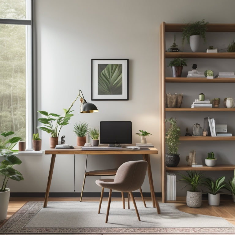 A minimalist home office with a sleek, wooden foldable desk, surrounded by a few potted plants, a modern ergonomic chair, and a floor-to-ceiling bookshelf with a few decorative objects.