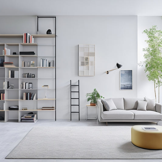 A minimalist, modern living room with a floor-to-ceiling, ladder-accessed storage wall, floating shelves, and a compact, cube-shaped bookcase, surrounded by sparse, stylish decor.