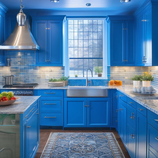 A kitchen with a stunning glass tile backsplash in shades of blue and green, paired with crisp white cabinets, stainless steel appliances, and a large island with a built-in cooktop.