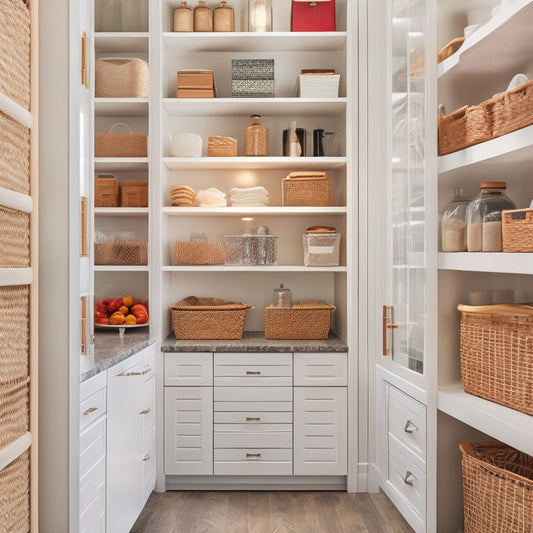 A modern, bright, and organized pantry with custom storage solutions: tall, sleek cabinets with pull-out shelves, woven baskets, and adjustable dividers, surrounded by warm, natural wood accents and soft, white lighting.