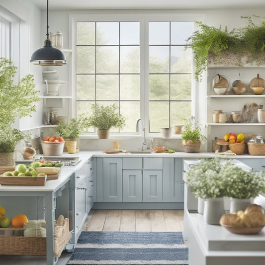 A bright and airy kitchen with a large island, featuring a neatly organized array of colorful, portioned-out meals in glass containers, surrounded by fresh herbs and a few strategically placed utensils.