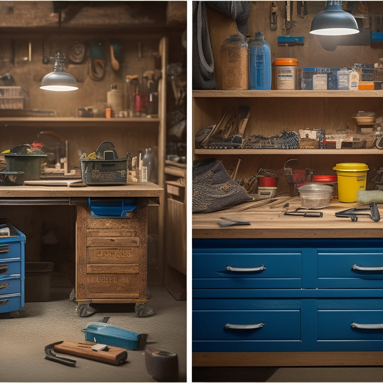A split-screen image featuring a cluttered toolbox on a workbench against a blurred background of a DIY project in progress, alongside a tidy, organized garage with a pegboard and labeled bins.