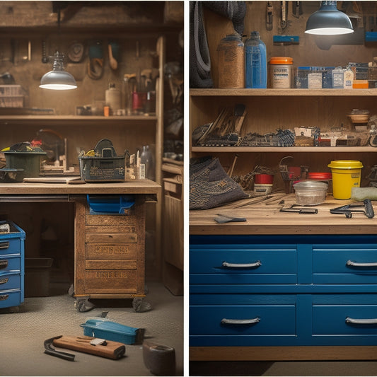 A split-screen image featuring a cluttered toolbox on a workbench against a blurred background of a DIY project in progress, alongside a tidy, organized garage with a pegboard and labeled bins.