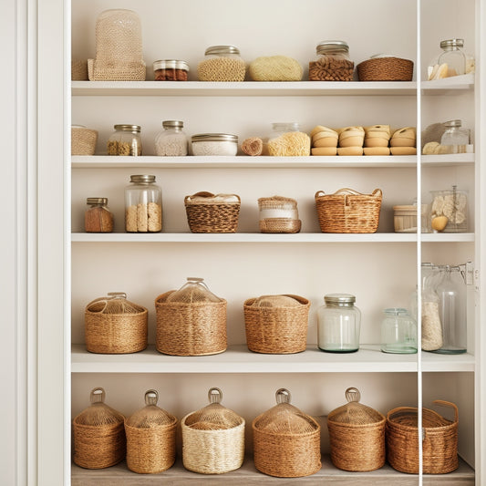 A tidy pantry with open shelves, wicker baskets, and clear glass jars filled with dry goods, surrounded by a minimalist white background and warm, soft lighting.