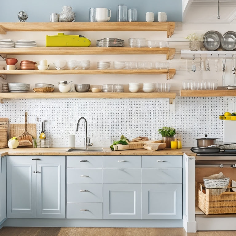 A bright, modern kitchen with cabinets featuring pull-out shelves, stacked containers, and a pegboard with hanging utensils, surrounded by a clean, clutter-free countertop and a few strategically-placed decorative items.