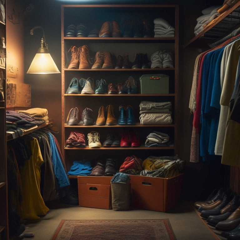 A dimly lit closet with packed shelves, overflowing clothing racks, and a jumbled floor, contrasting with a few tidy areas, amidst a backdrop of worn-out storage bins and dusty shoes.