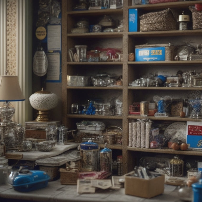 A cluttered room with various shelving systems in the background, with one shelf in the foreground featuring a "best" badge, surrounded by budget-friendly price tags and a few decorative items.