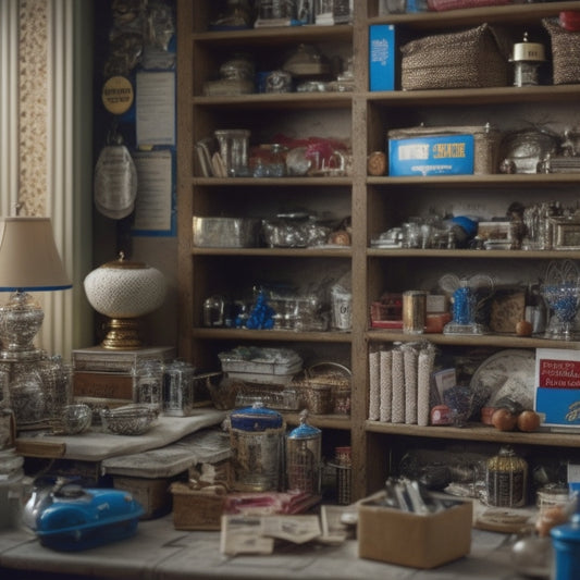 A cluttered room with various shelving systems in the background, with one shelf in the foreground featuring a "best" badge, surrounded by budget-friendly price tags and a few decorative items.