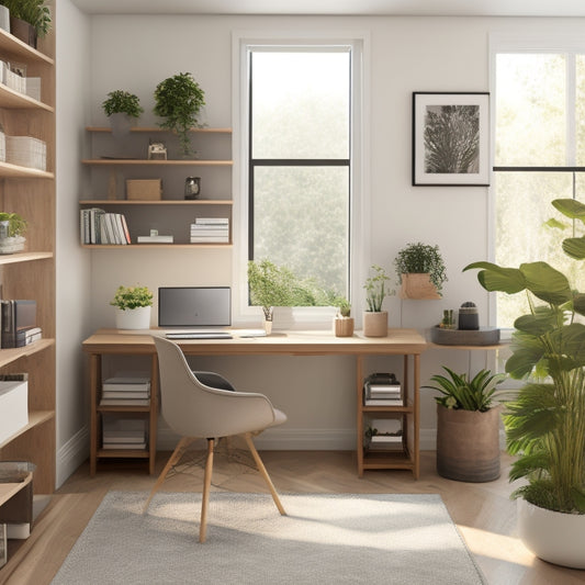 A serene home office with a sleek, minimalist desk, a ergonomic chair, and a floor-to-ceiling shelving unit, featuring neatly labeled storage bins, a few potted plants, and a natural light-filled background.