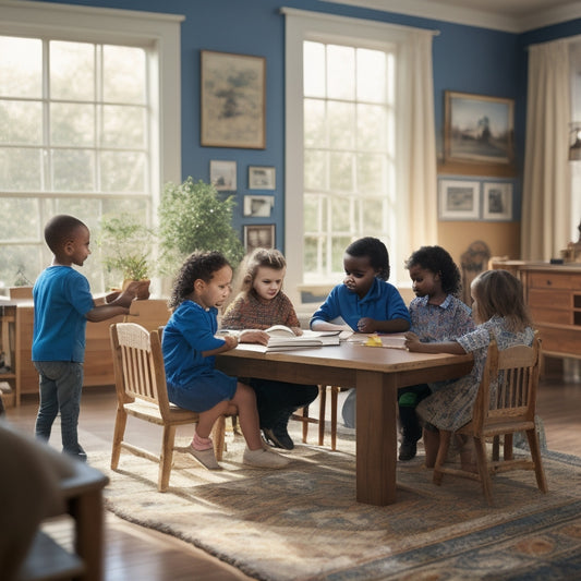 A serene, sunlit living room with a wooden desk, laptop, and open textbooks, surrounded by happy, diverse children engaged in various learning activities, with a subtle Virginia state flag in the background.