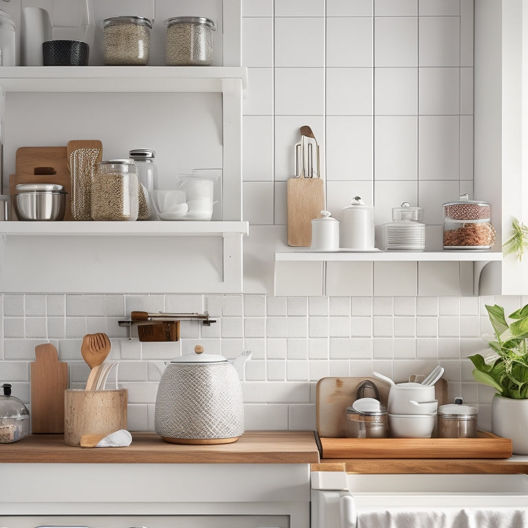 A clutter-free kitchen counter with a sleek, white, wall-mounted shelf holding three, small, ceramic jars and a wooden utensil organizer, surrounded by a few, carefully-placed, stainless steel appliances.