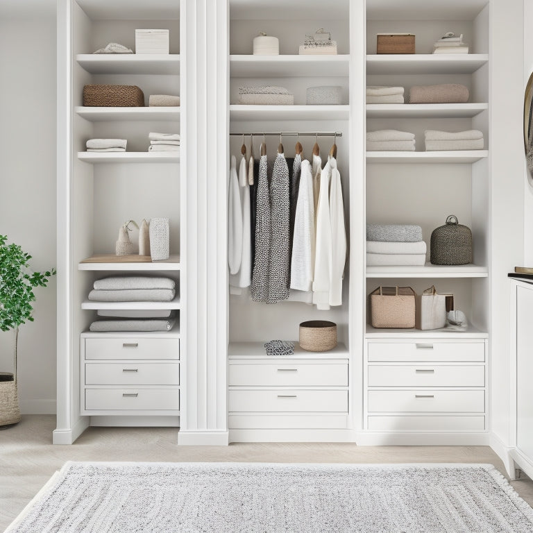 A serene, minimalist closet with creamy white walls, polished chrome accents, and a plush area rug, featuring a floor-to-ceiling shelving unit with neatly organized clothing and a few statement accessories.