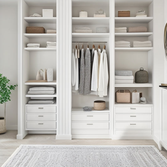A serene, minimalist closet with creamy white walls, polished chrome accents, and a plush area rug, featuring a floor-to-ceiling shelving unit with neatly organized clothing and a few statement accessories.