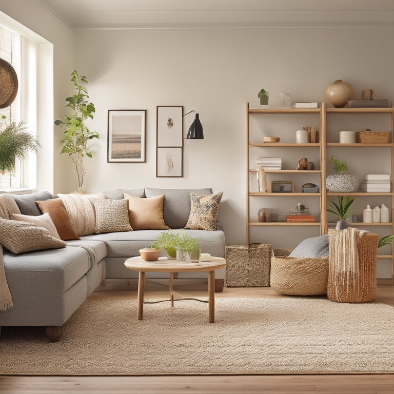 A serene, well-lit living room with a mix of natural and softbox lighting, featuring a minimalist sofa, a wooden coffee table with built-in storage, and a floor-to-ceiling shelving unit with woven baskets.