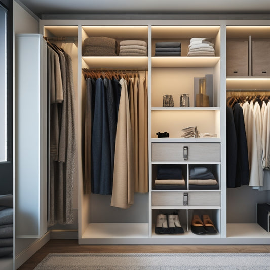 A stylish, minimalist closet with a mix of open shelves and closed cabinets, featuring a few statement pieces of clothing and accessories on display, with a warm, soft lighting.